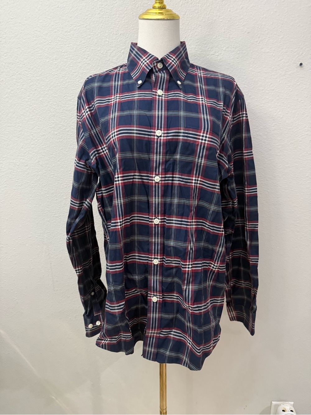Brooks Brothers Men's Navy and Red Plaid Button-Down Shirt M Supima Cotton